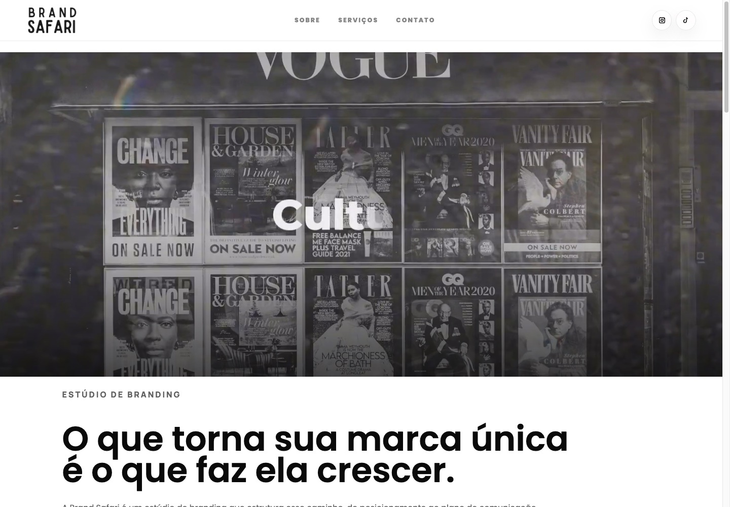 Site do estúdio Brand Safari com direção visual editorial, vídeo de abertura e mensagem de posicionamento da marca.